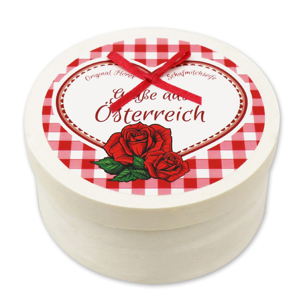 Schafmilchseife Herz midi plus 65g mit Zirbenspäne in Spanschachtel "Grüße aus Österreich", Rose mit Blüten 