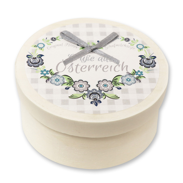 Sheep milk soap heart 65g with swiss pine shavings in a box "Greetings from Austria", Classic 