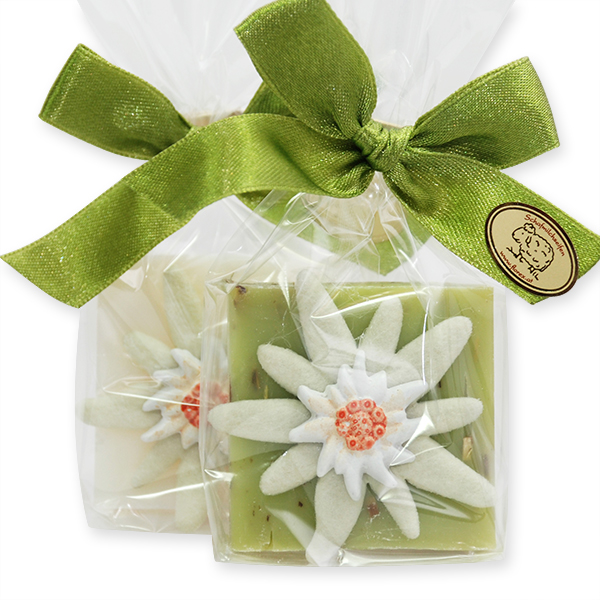 Schafmilchseife Quadrat 35g dekoriert mit Edelweiß in Cello, Classic/Eisenkraut 