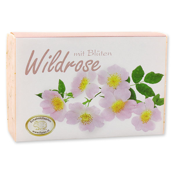 Schafmilchseife 150g modern, Wildrose mit Blüten 