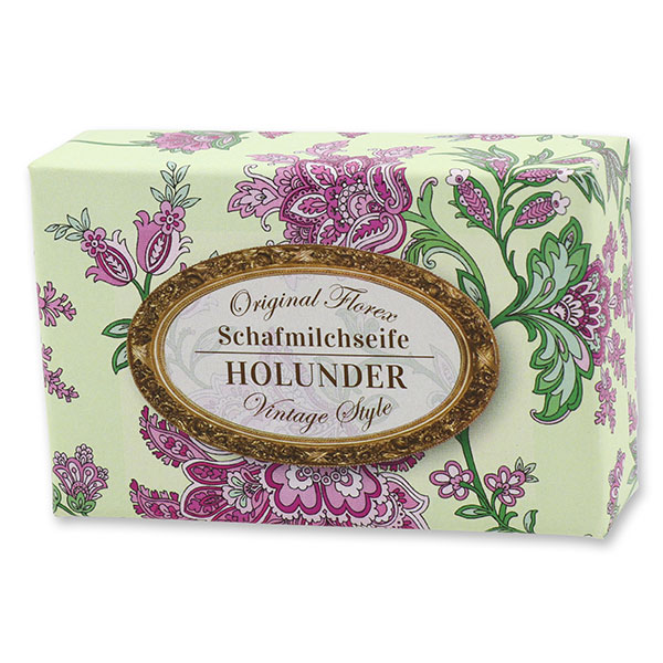 Schafmilchseife eckig 150g "Vintage-Motiv 145", Holunder 