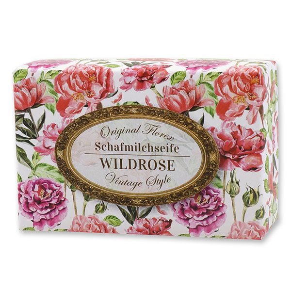 Schafmilchseife eckig 150g "Vintage-Motiv 149", Wildrose mit Blüten 