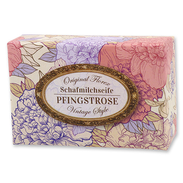 Schafmilchseife eckig 150g "Vintage-Motiv 164", Pfingstrose 