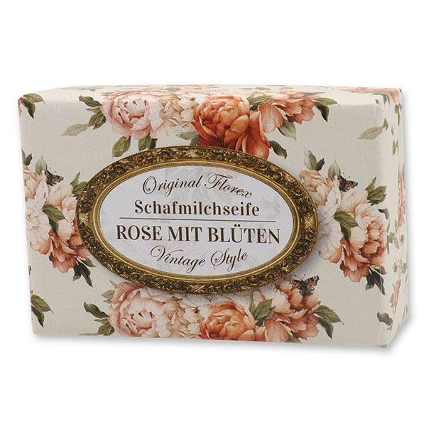 Schafmilchseife eckig 150g "Vintage-Motiv 189", Rose mit Blüten 
