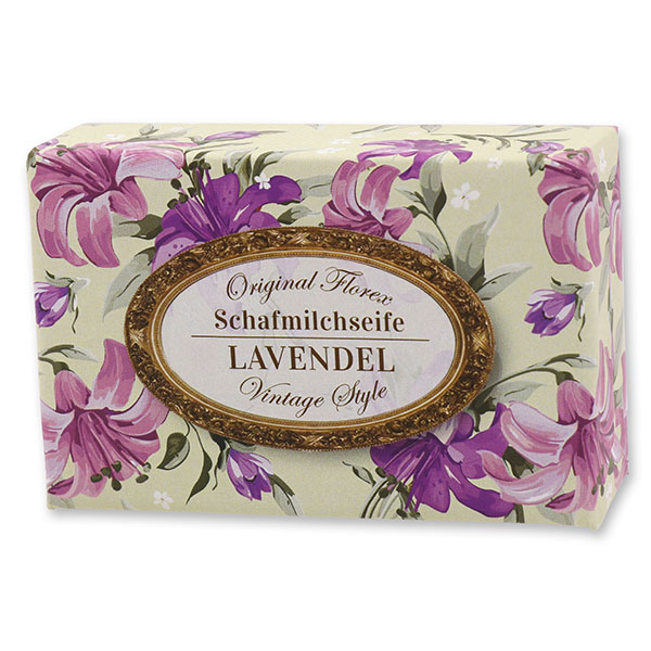 Schafmilchseife eckig 150g "Vintage-Motiv 56", Lavendel 