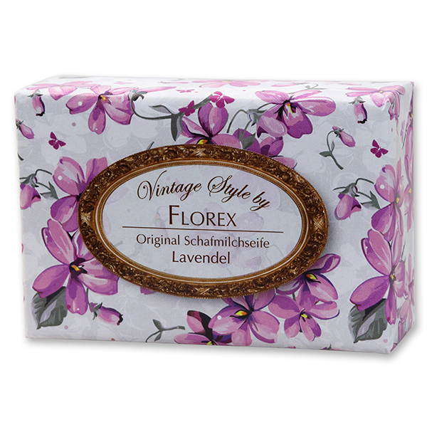 Schafmilchseife eckig 150g "Vintage-Motiv 58", Lavendel 