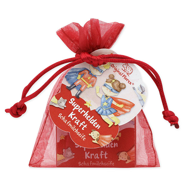 Sheep milk soap square 25g in organza bag "Superhelden Kraft", Berry dream 