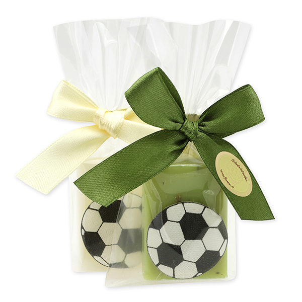 Schafmilchseife Gästeseife 25g dekoriert mit Fußball in Cello, Classic/Eisenkraut 
