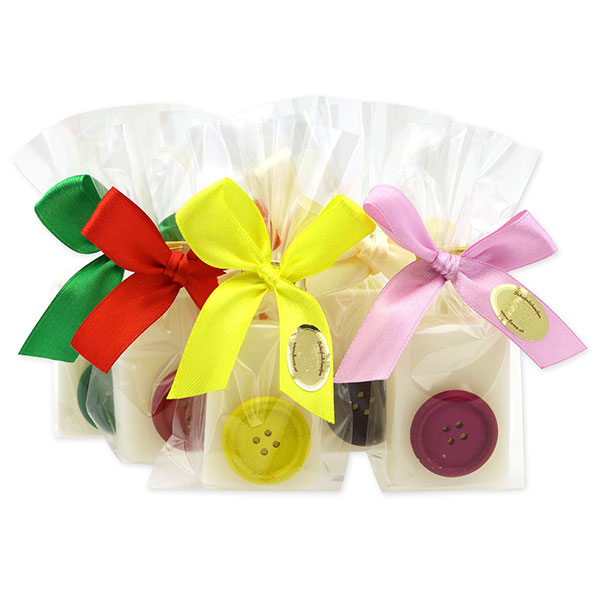 Sheep milk guest soap 25g decorated with a button in a cellophane, Classic 