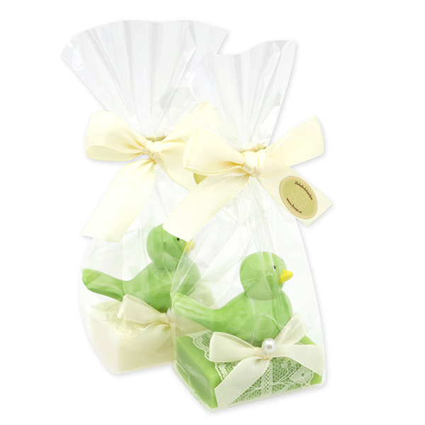Schafmilchseife Gästeseife 25g, dekoriert mit Vogel in Cello, Classic/Birne 