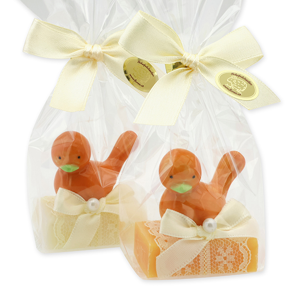 Sheep milk guest soap 25g, decorated with a bird in a cellophane, Classic/Orange 