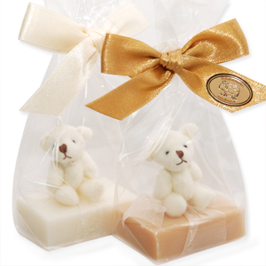 Sheep milk guest soap 25g decorated with a teaddy bear in a cellophane, Classic/swiss pine 
