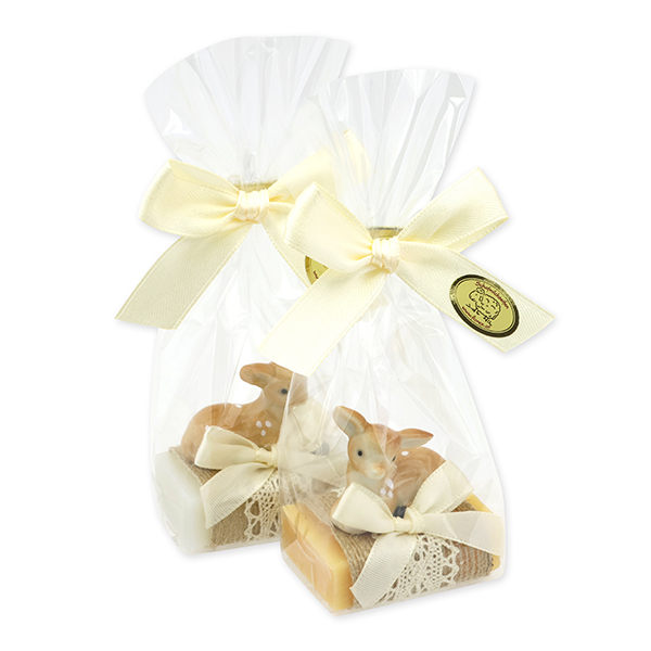 Schafmilchseife Gästeseife 25g dekoriert mit Reh Kitz in Cello, Classic/Zirbe 