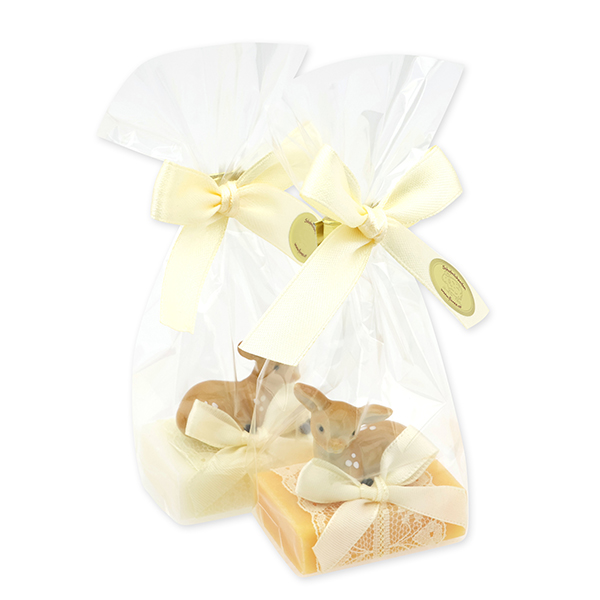Schafmilchseife Gästeseife 25g dekoriert mit Reh Kitz in Cello, Classic/Zirbe 