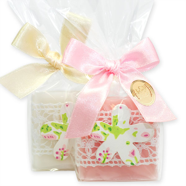 Schafmilchseife Quadrat 35g, dekoriert mit Blume in Cello, Classic/Pfingstrose 