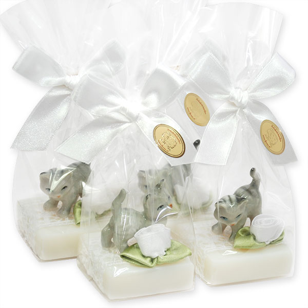 Schafmilchseife Quadrat 35g dekoriert mit Katze in Cello, Classic 