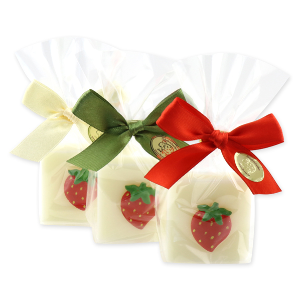 Schafmilchseife Quadrat 35g dekoriert mit Erdbeere in Cello, Classic 