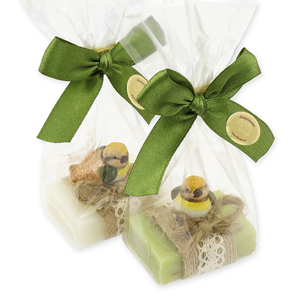 Sheep milk guest soap 25g decorated with a bird in a cellophane, Classic/verbena 