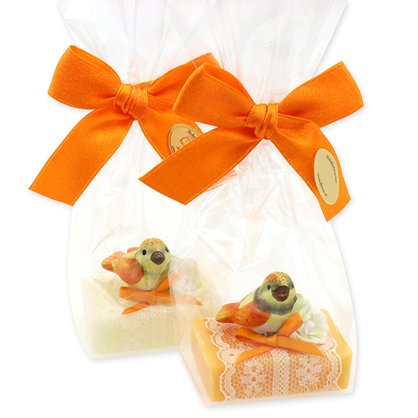 Sheep milk guest soap 25g decorated with a bird in a cellophane, Classic/orange 