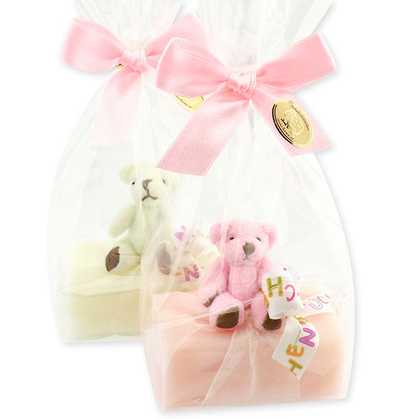 Sheep milk soap 100g, decorated with a teddy bear in a  cellophane, Classic/peony 
