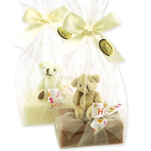Sheep milk soap 100g, decorated with a teddy bear in a cellophane, Classic/vanilla 