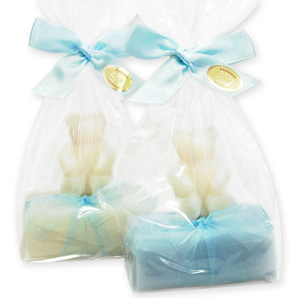 Sheep milk soap 100g, decorated with a soap teddy bear 25g in a cellophane, Classic/'forget-me-not' 