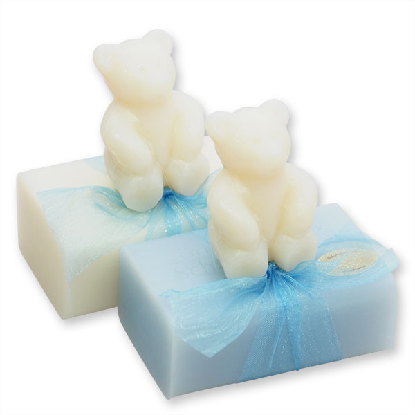 Sheep milk soap 100g, decorated with a soap teddy bear 25g, Classic/'forget-me-not' 
