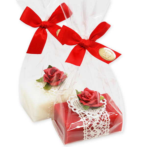 Sheep milk soap 100g, decorated with a rose in a cellophane, Classic/pomegranate 