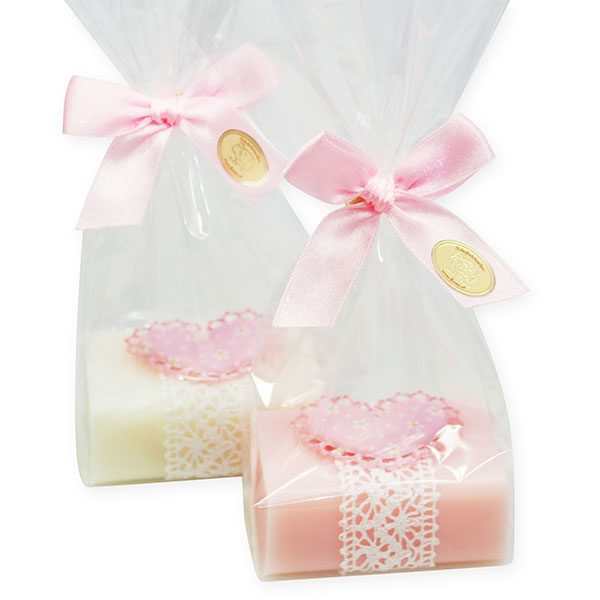 Sheep milk soap 100g, decorated with fabric heart in a cellophane, Classic/peony 