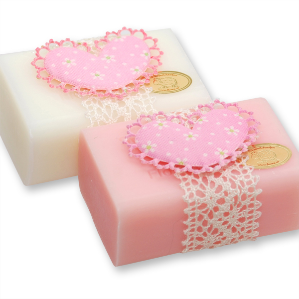 Sheep milk soap 100g, decorated with fabric heart, Classic/peony 