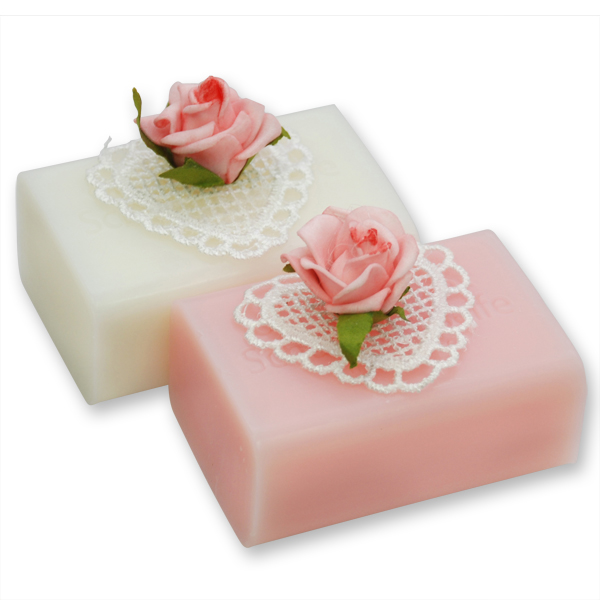 Schafmilchseife eckig 100g, dekoriert mit Rose, Classic/Pfingstrose 