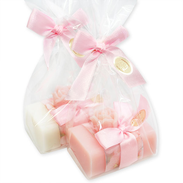 Schafmilchseife eckig 100g und Rose 7g, dekoriert mit Blumenband in Cello, Classic/Pfingstrose 