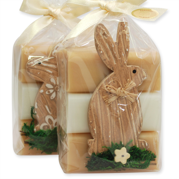 Schafmilchseife eckig 3x100g dekoriert mit Hase in Cello, Classic/Quitte 