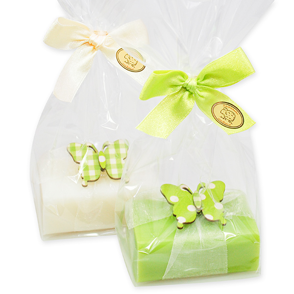 Schafmilchseife eckig 100g, dekoriert mit Schmetterling in Cello, Classic/Birne 