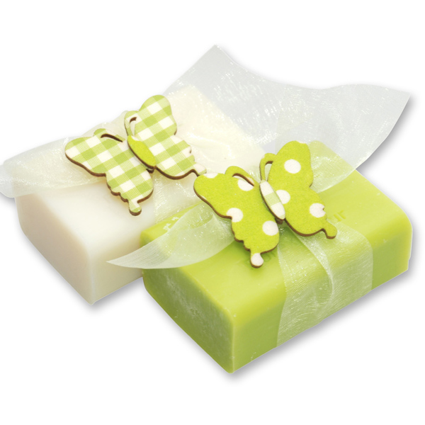 Schafmilchseife eckig 100g, dekoriert mit Schmetterling, Classic/Birne 