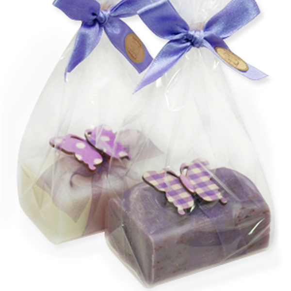 Sheep milk soap 100g, decorated with a wooden butterfly in a cellophane, Classic/lavender 