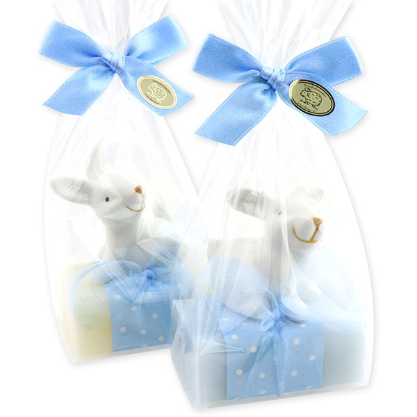 Schafmilchseife eckig 100g dekoriert mit Hase in Cello, Classic /Vergissmeinnicht 