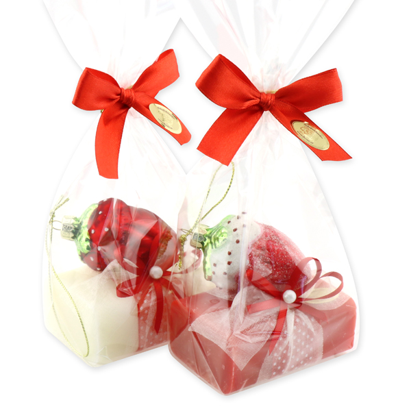 Sheep milk soap 100g, decorated with a strawberry in a cellophane, Classic/strawberry 