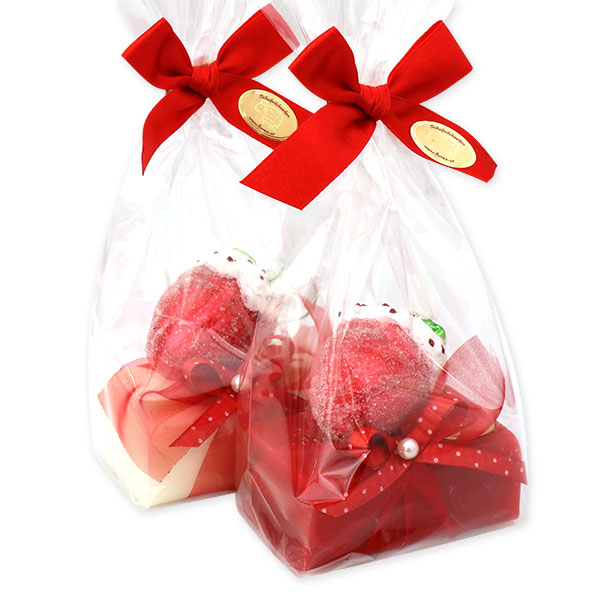 Sheep milk soap 100g, decorated with a glass strawberry in a cellophane, Classic/strawberry 