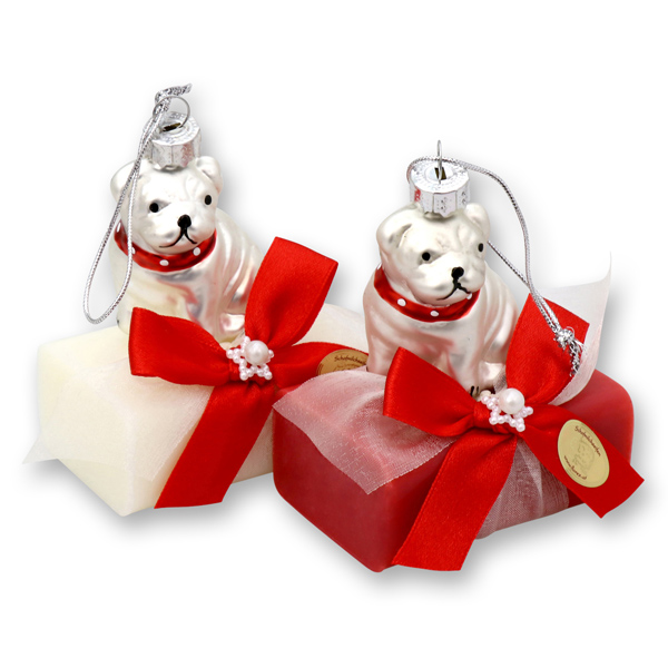 Sheep milk soap 100g decorated with a silver glass pug, Classic/pomegranate 