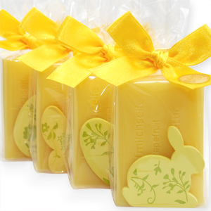 Schafmilchseife eckig 100g dekoriert mit Ostermotive in Cello, Grapefruit 