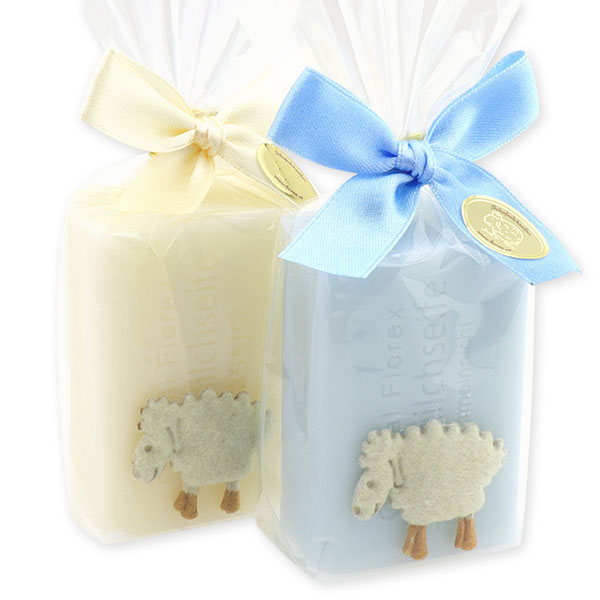 Sheep milk soap 100g, decorated with a sheep in a cellophane, Classic/'forget-me-not' 