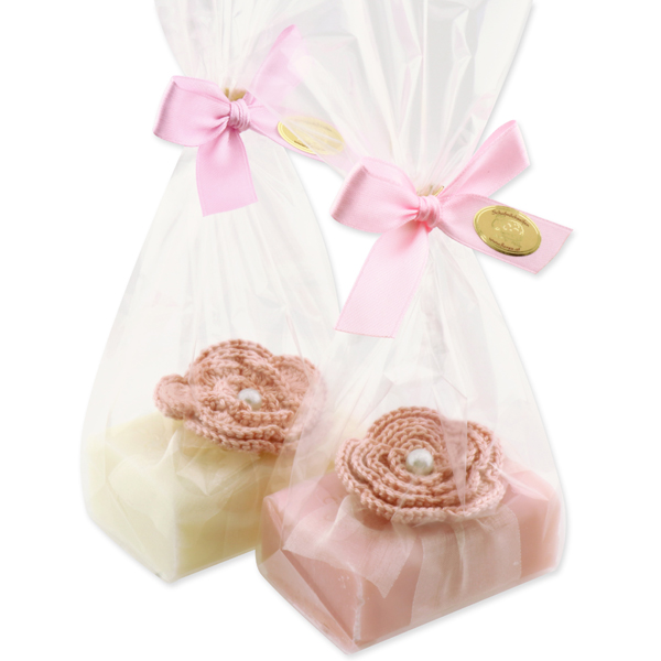 Sheep milk soap 100g, decorated with a crochet flower in a cellophane, Classic/cherry 
