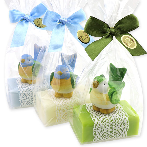Sheep milk soap 100g, decorated with a bird in a cellophane, sorted 