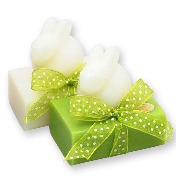 Schafmilchseife eckig 100g dekoriert mit Hase 40g, Classic/Birne 