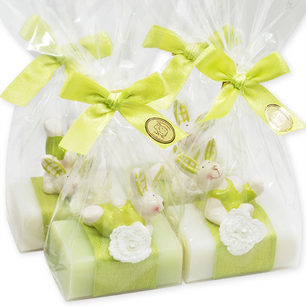 Schafmilchseife eckig 100g dekoriert mit Hase in Cello, Classic/Wiesenblume 