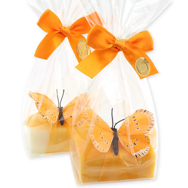 Schafmilchseife eckig 100g, dekoriert mit Schmetterling in Cello, Classic/Orange 