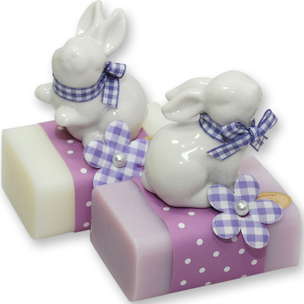 Sheep milk soap 100g, decorated with a porcelain rabbit, Classic/lilac 