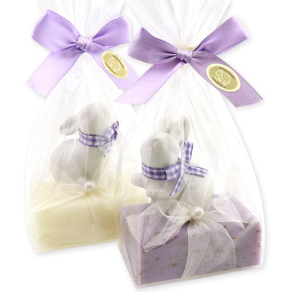 Schafmilchseife eckig 100g, dekoriert mit Hase in Cello, Classic/Lavendel 