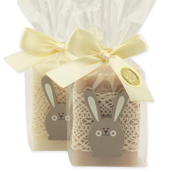 Sheep milk soap 100g decorated with a wooden rabbit in a cellophane 
